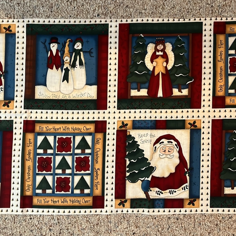 Festive Holiday Fabric Panel with Santa and Snowman Cotton Vintage Christmas - Picture 3 of 4